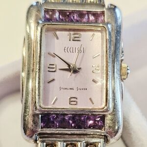 Sterling Silver Women's Pink Dial Watch with Purple Stone Accents